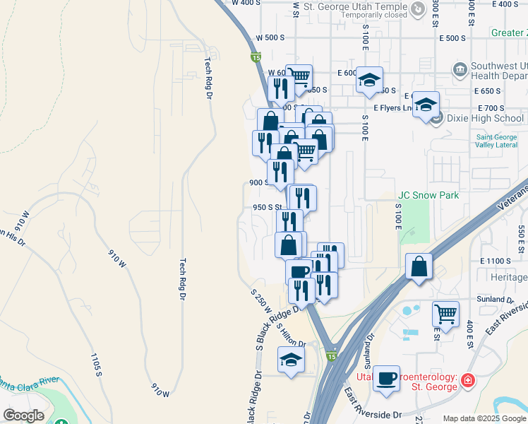 map of restaurants, bars, coffee shops, grocery stores, and more near 161 West 950 South in Saint George