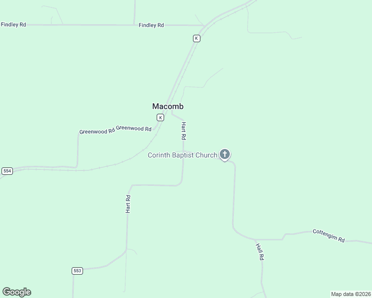 map of restaurants, bars, coffee shops, grocery stores, and more near 1174 Hart Road in Macomb