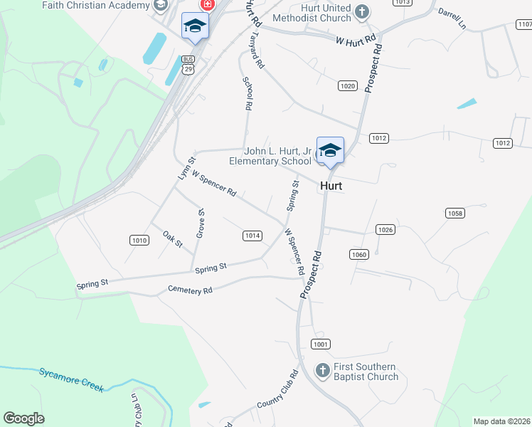 map of restaurants, bars, coffee shops, grocery stores, and more near County Road 1001 in Hurt