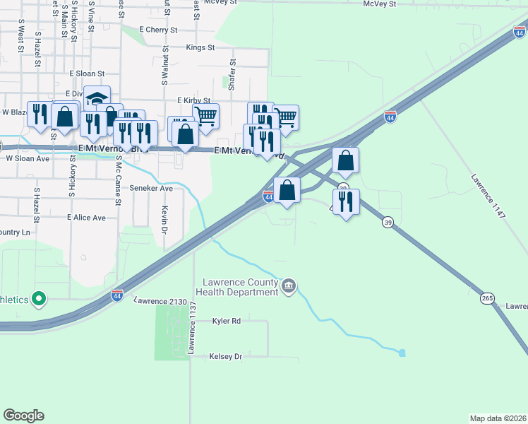 map of restaurants, bars, coffee shops, grocery stores, and more near Interstate 44 Business in Mount Vernon