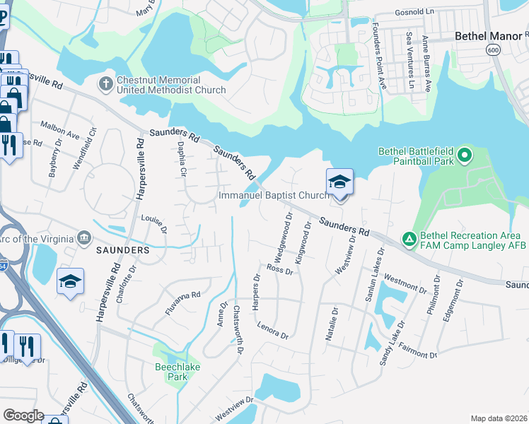 map of restaurants, bars, coffee shops, grocery stores, and more near 121 Spring Trace Lane in Newport News