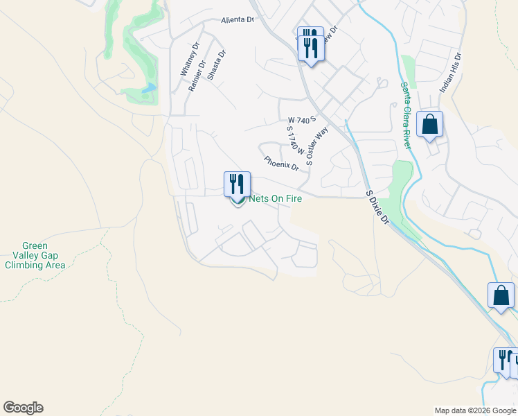 map of restaurants, bars, coffee shops, grocery stores, and more near 1845 West Canyon View Drive in St. George