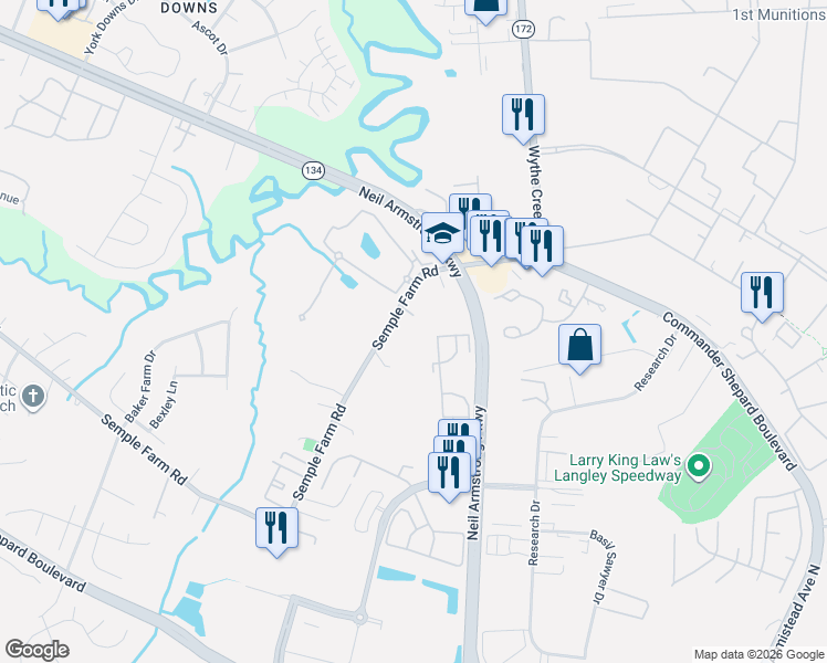 map of restaurants, bars, coffee shops, grocery stores, and more near 49 Semple Farm Rd in Hampton