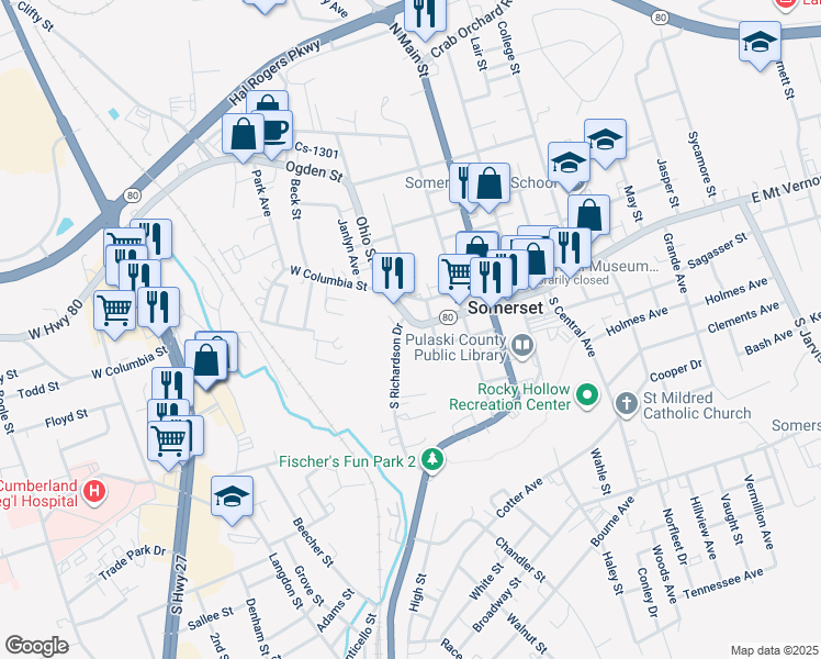 map of restaurants, bars, coffee shops, grocery stores, and more near 307 West Mount Vernon Street in Somerset