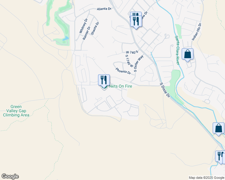 map of restaurants, bars, coffee shops, grocery stores, and more near 1845 West Canyon View Drive in St. George