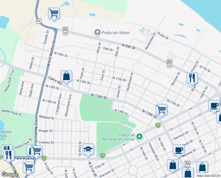 map of restaurants, bars, coffee shops, grocery stores, and more near 1200 Salem Street in Paducah