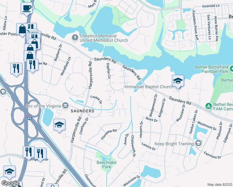 map of restaurants, bars, coffee shops, grocery stores, and more near 900 Daphia Circle in Newport News