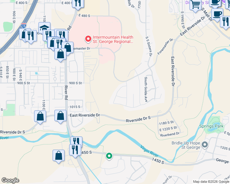 map of restaurants, bars, coffee shops, grocery stores, and more near 998 Willow Breeze Lane in St. George