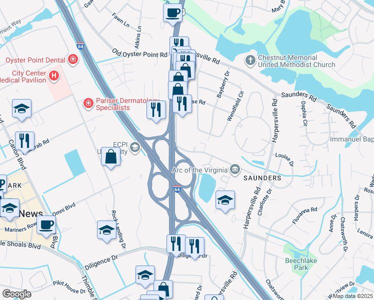 map of restaurants, bars, coffee shops, grocery stores, and more near 147 Louise Drive in Newport News