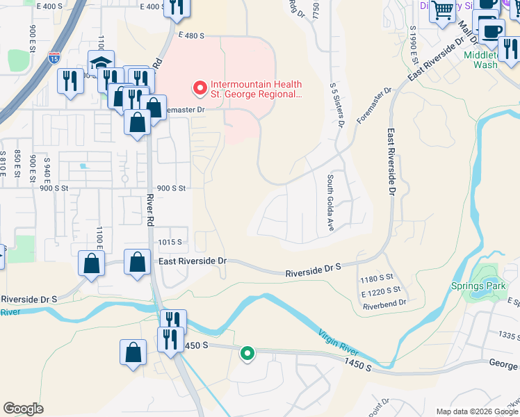 map of restaurants, bars, coffee shops, grocery stores, and more near 998 Willow Breeze Lane in St. George