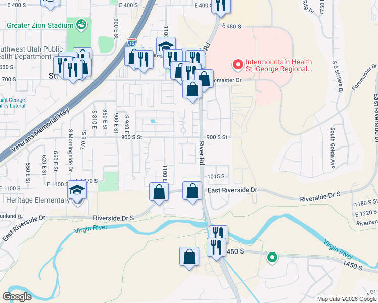 map of restaurants, bars, coffee shops, grocery stores, and more near 1186 East 900 South in St. George