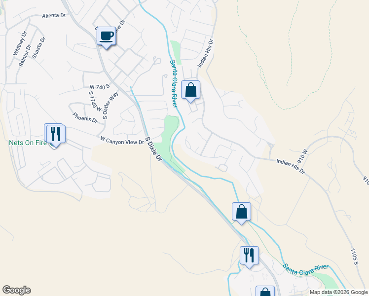 map of restaurants, bars, coffee shops, grocery stores, and more near 1165 West Indian Hills Drive in St. George