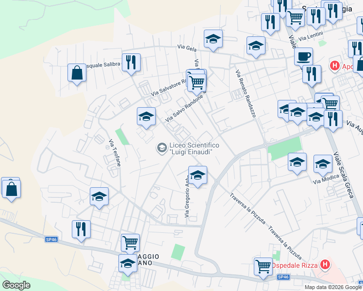 map of restaurants, bars, coffee shops, grocery stores, and more near 15 Via Luigi Maria Monti in Siracusa