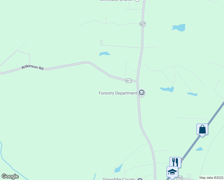 map of restaurants, bars, coffee shops, grocery stores, and more near 18107 Wilkinson Rd in Dinwiddie