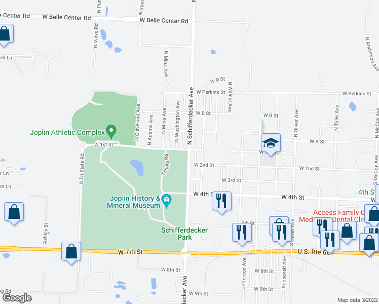 map of restaurants, bars, coffee shops, grocery stores, and more near 5 South Schifferdecker Avenue in Joplin