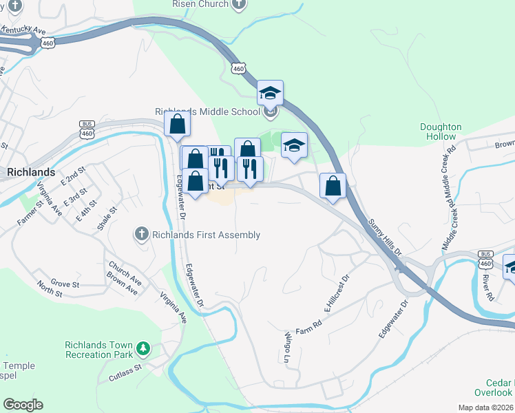 map of restaurants, bars, coffee shops, grocery stores, and more near 130 Gateway Drive in Richlands