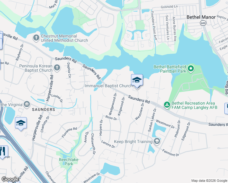 map of restaurants, bars, coffee shops, grocery stores, and more near 3 Wedgewood Drive North in Newport News