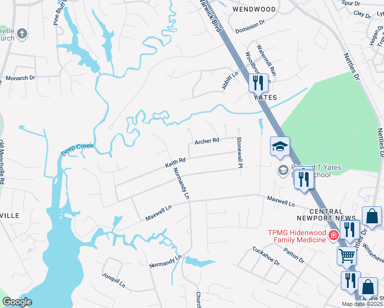 map of restaurants, bars, coffee shops, grocery stores, and more near 125 Keith Road in Newport News