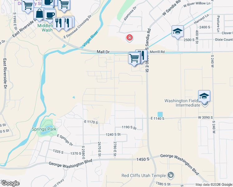 map of restaurants, bars, coffee shops, grocery stores, and more near 2795 East Moorland Drive in St. George