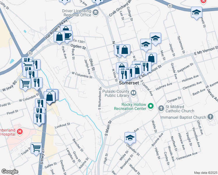 map of restaurants, bars, coffee shops, grocery stores, and more near 307 West Mount Vernon Street in Somerset