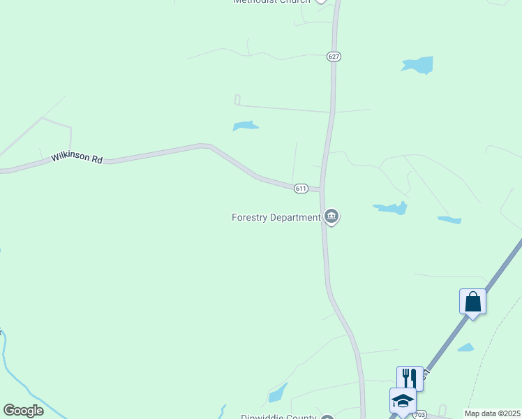 map of restaurants, bars, coffee shops, grocery stores, and more near 18107 Wilkinson Rd in Dinwiddie
