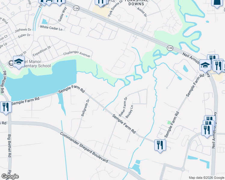 map of restaurants, bars, coffee shops, grocery stores, and more near 23 Waterfowl Cove in Hampton