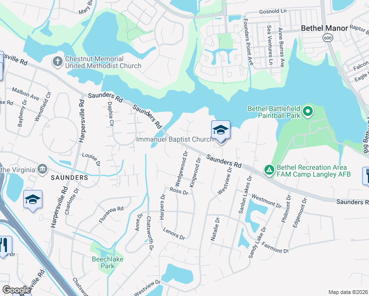 map of restaurants, bars, coffee shops, grocery stores, and more near 3 Wedgewood Drive North in Newport News