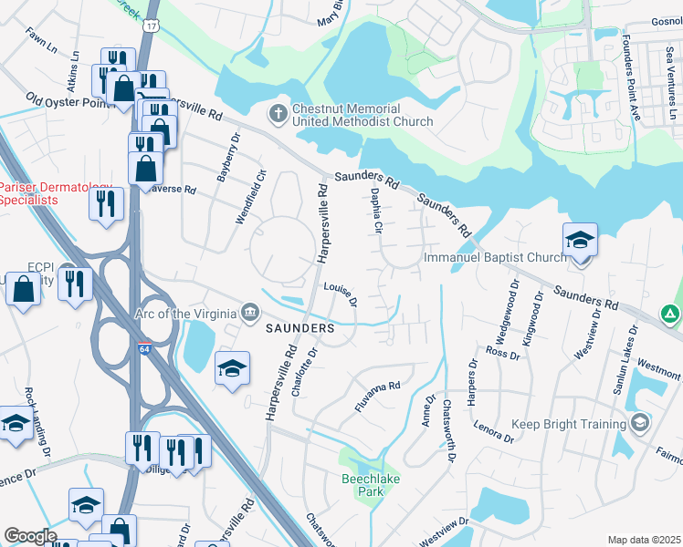 map of restaurants, bars, coffee shops, grocery stores, and more near 930 Harpersville Road in Newport News