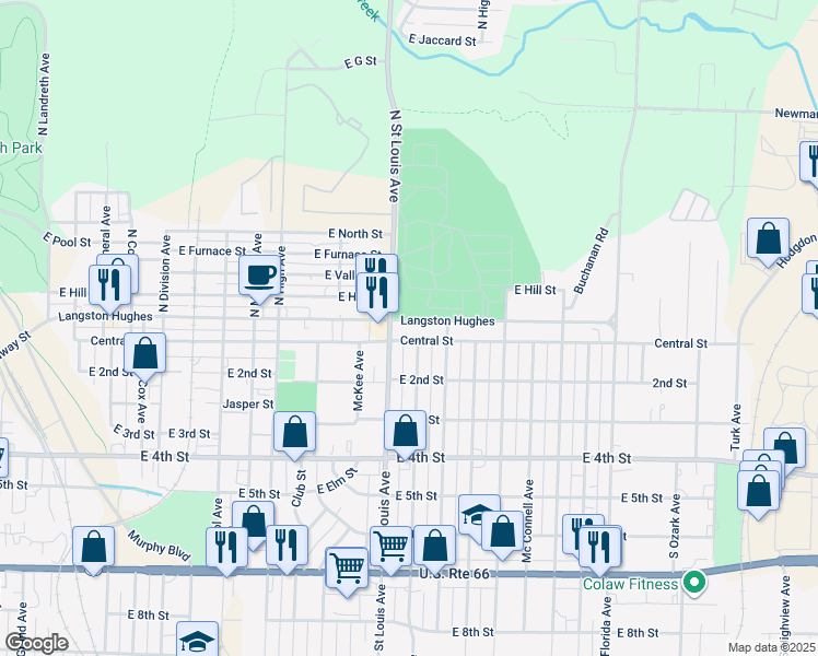 map of restaurants, bars, coffee shops, grocery stores, and more near 1701 East Broadway Street in Joplin