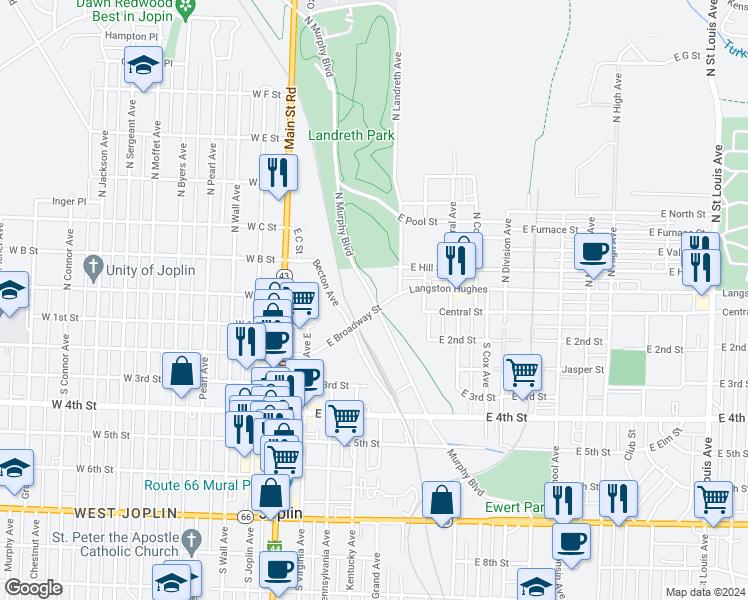 map of restaurants, bars, coffee shops, grocery stores, and more near 2 Northwest Murphy Boulevard in Joplin