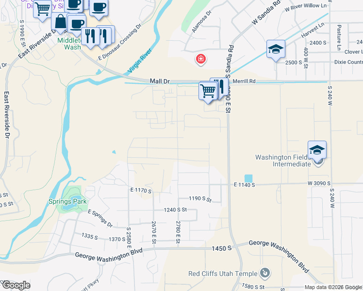 map of restaurants, bars, coffee shops, grocery stores, and more near 2795 East Moorland Drive in St. George