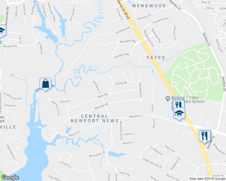 map of restaurants, bars, coffee shops, grocery stores, and more near 125 Keith Road in Newport News
