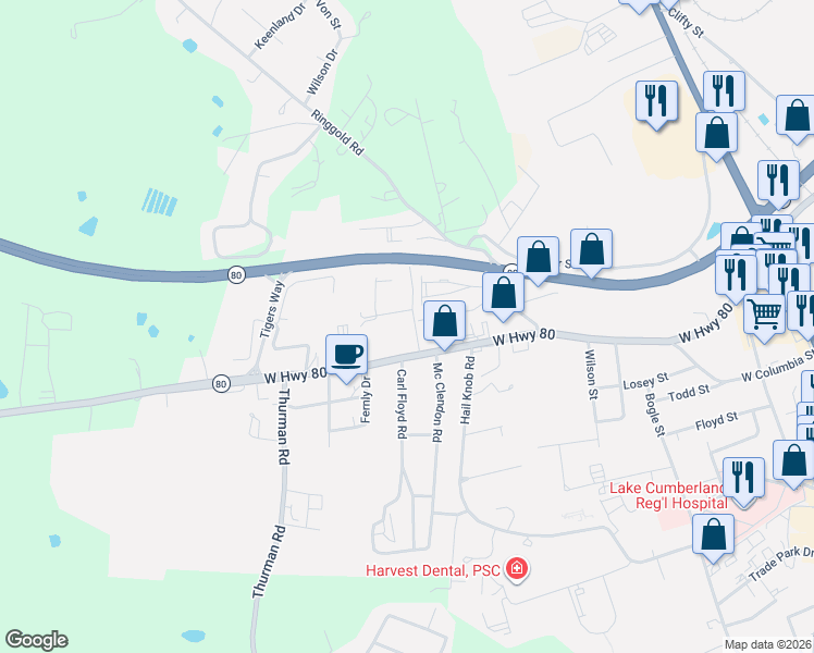 map of restaurants, bars, coffee shops, grocery stores, and more near Bluegrass Road in Somerset