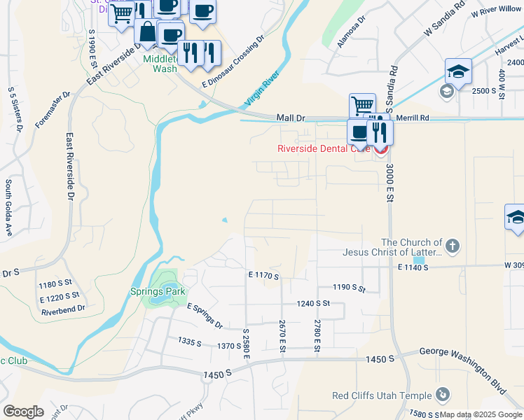 map of restaurants, bars, coffee shops, grocery stores, and more near 2627 East Moorland Drive in St. George