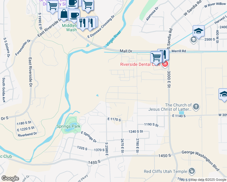 map of restaurants, bars, coffee shops, grocery stores, and more near 2627 East Moorland Drive in St. George