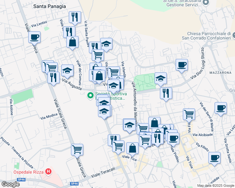 map of restaurants, bars, coffee shops, grocery stores, and more near 15 Via Unione Sovietica in Siracusa