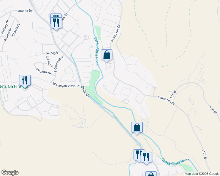 map of restaurants, bars, coffee shops, grocery stores, and more near 1165 West Indian Hills Drive in St. George