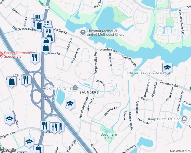 map of restaurants, bars, coffee shops, grocery stores, and more near 930 Harpersville Road in Newport News
