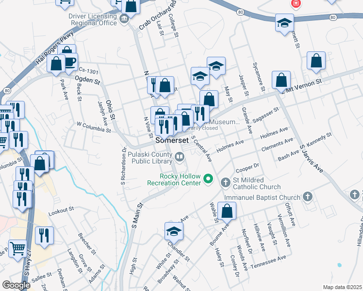 map of restaurants, bars, coffee shops, grocery stores, and more near South Maple Street in Somerset