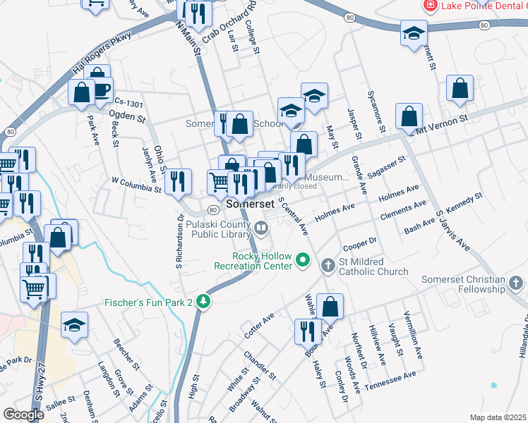 map of restaurants, bars, coffee shops, grocery stores, and more near South Maple Street in Somerset