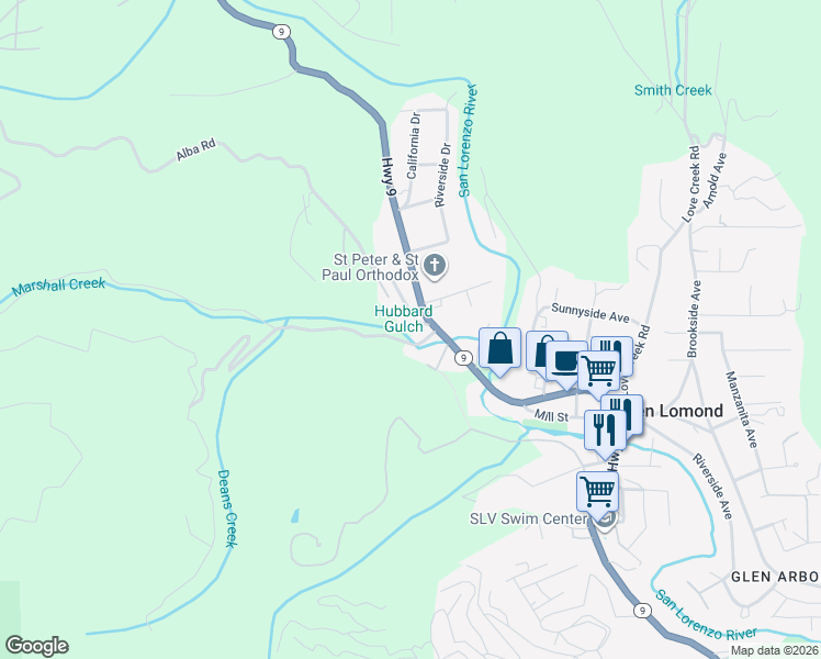 map of restaurants, bars, coffee shops, grocery stores, and more near 9913 Alba Road in Ben Lomond