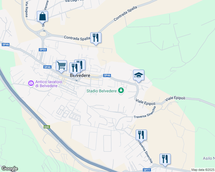 map of restaurants, bars, coffee shops, grocery stores, and more near Via Siracusa in Belvedere