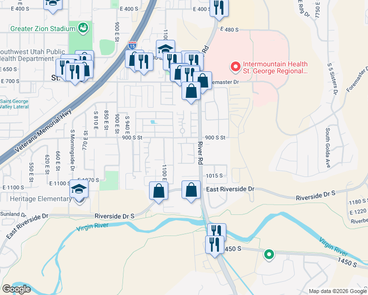 map of restaurants, bars, coffee shops, grocery stores, and more near 1186 East 900 South in St. George