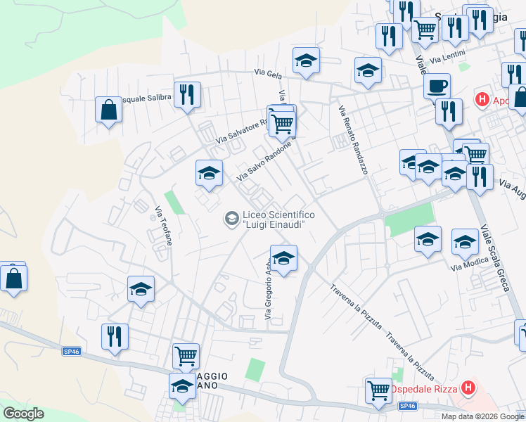 map of restaurants, bars, coffee shops, grocery stores, and more near 15 Via Luigi Maria Monti in Siracusa