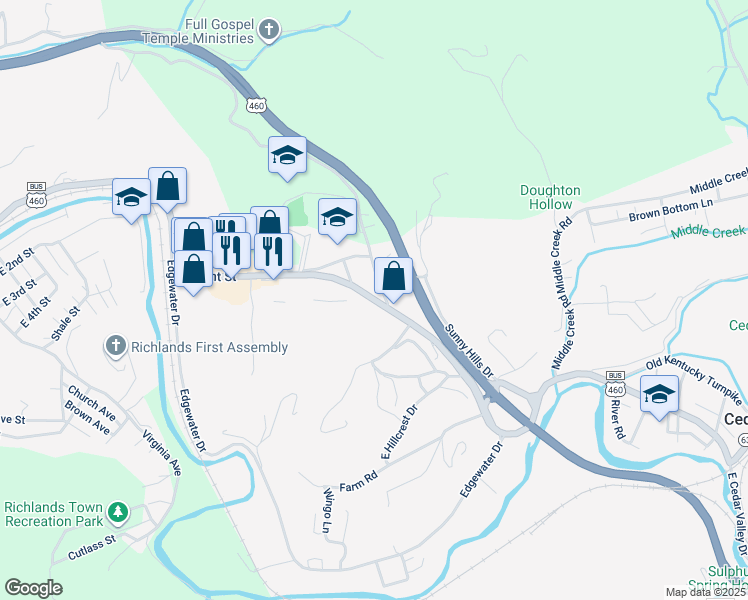 map of restaurants, bars, coffee shops, grocery stores, and more near 309 West Front Street in Richlands