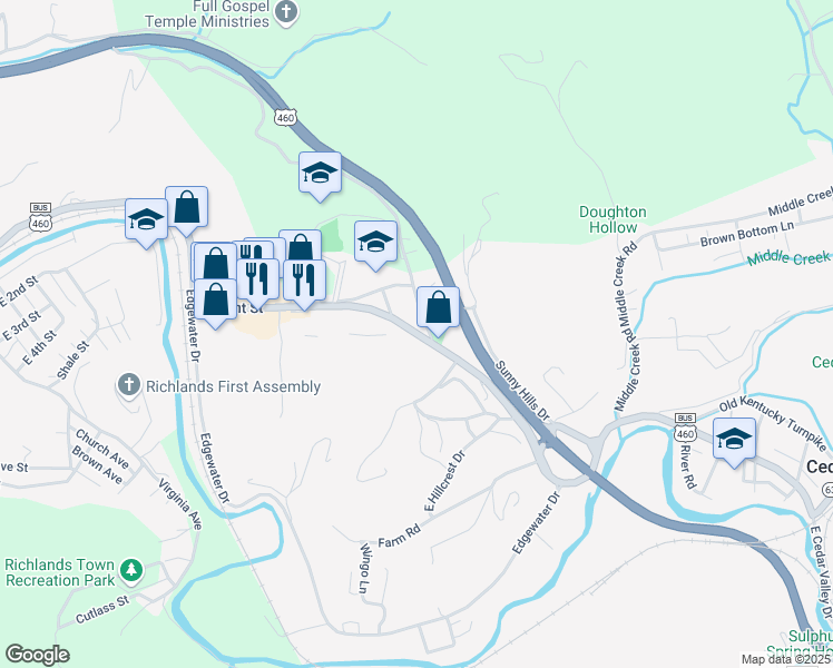 map of restaurants, bars, coffee shops, grocery stores, and more near 309 West Front Street in Richlands