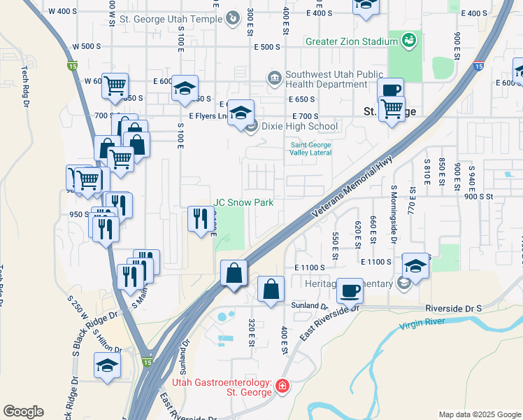 map of restaurants, bars, coffee shops, grocery stores, and more near in St. George