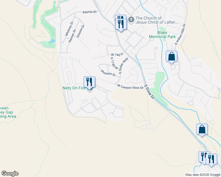 map of restaurants, bars, coffee shops, grocery stores, and more near 1741 West Canyon View Drive in St. George