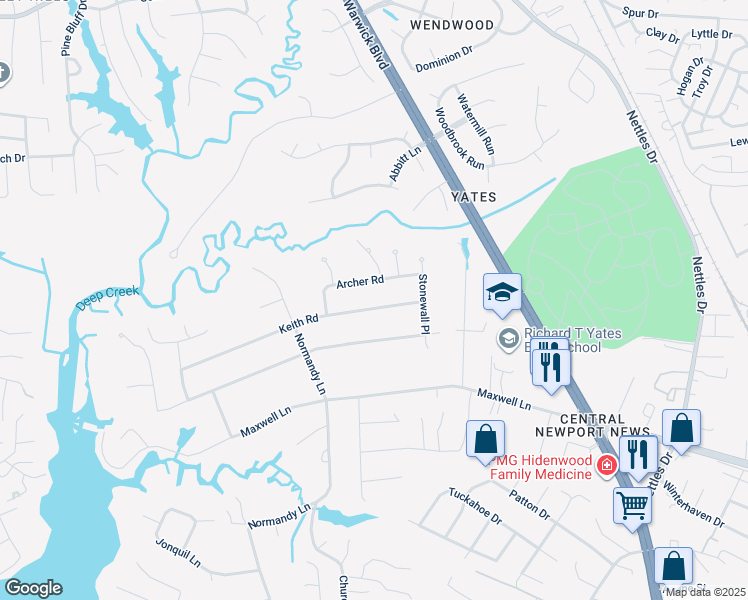 map of restaurants, bars, coffee shops, grocery stores, and more near 113 Keith Road in Newport News