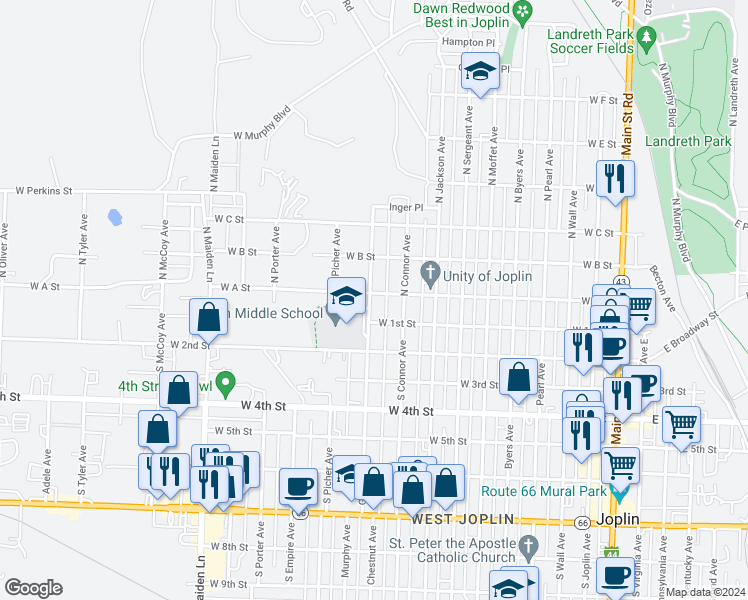 map of restaurants, bars, coffee shops, grocery stores, and more near 119 North Gray Avenue in Joplin
